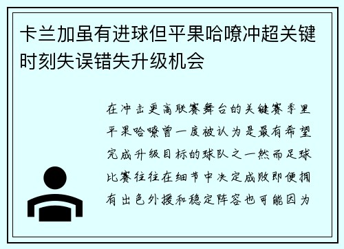 卡兰加虽有进球但平果哈嘹冲超关键时刻失误错失升级机会 卡兰加虽有进球但平果哈嘹冲超关键时刻失误错失升级机会