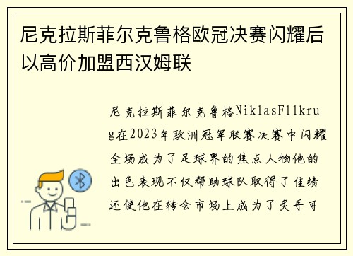 尼克拉斯菲尔克鲁格欧冠决赛闪耀后以高价加盟西汉姆联