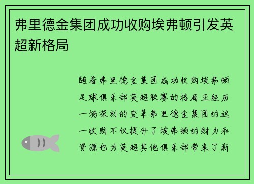 弗里德金集团成功收购埃弗顿引发英超新格局 弗里德金集团成功收购埃弗顿引发英超新格局